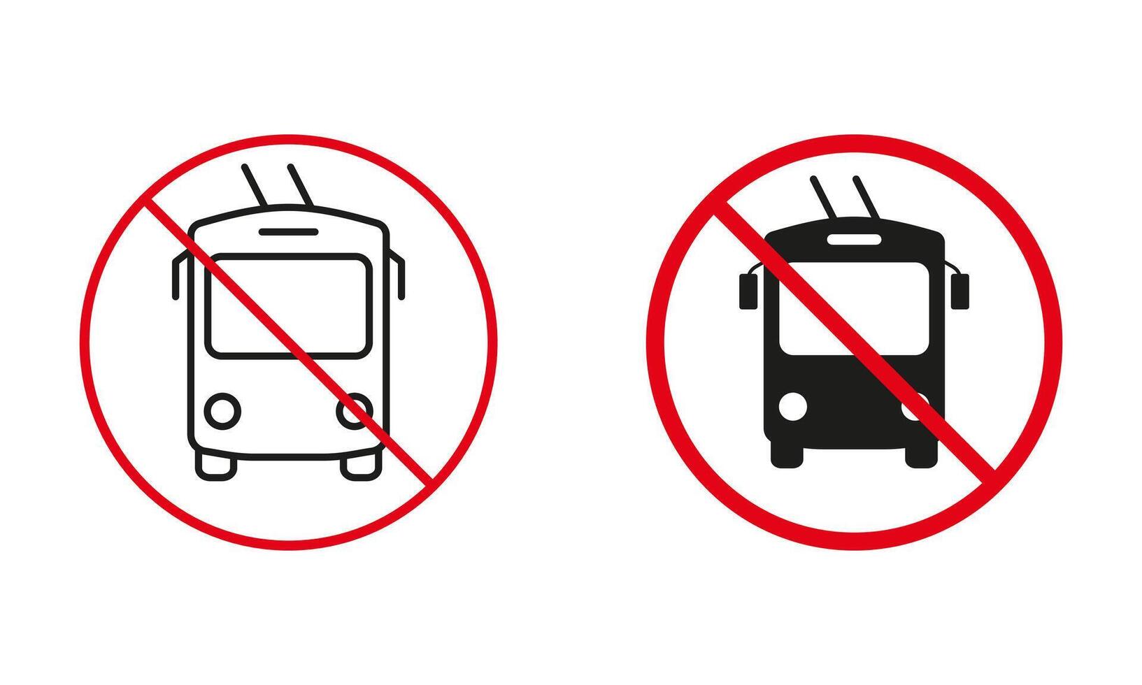 Trolleybus Not Allowed Road Sign. Ban Trolley Bus Circle Symbol Set. Electric Transport Prohibit Traffic Red Sign. Trolleybus Line and Silhouette Forbidden Icons. Isolated Illustration vector