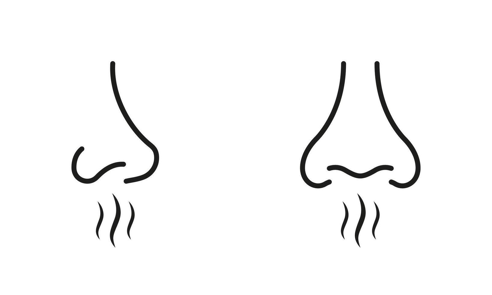 Human Nose Smells Linear Symbol Collection. Nasal Odor Sniff Pictogram. Nose Loss Sense, Smell, Scent Line Black Icon Set. Bad Aroma, Breath Air Outline Signs. Isolated Illustration. vector