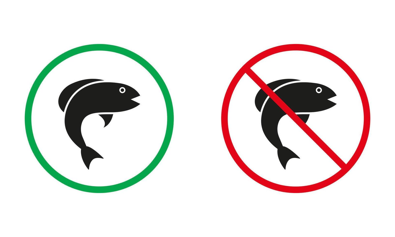 captura pescado en lago y río es permitido. pescar prohibido símbolo. pescar advertencia signo. pescado silueta íconos colocar. aislado ilustración vector