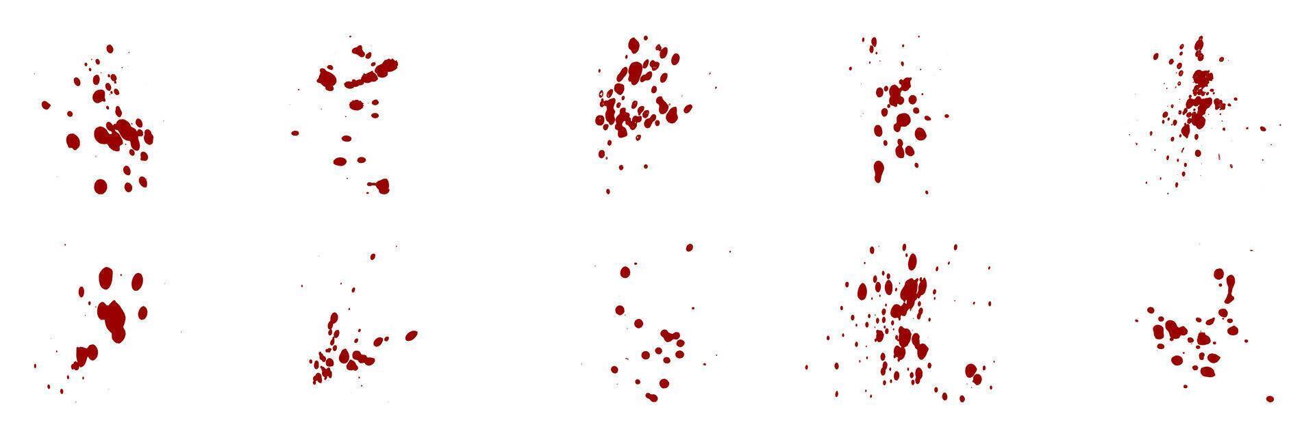 Blood Stain Set. Paint Brush Splatter Collection. Red Splat, Grunge Texture. Abstract Design on White Background. Drop Spatter, Ink Spray. Horror Bloodstain Splash. Isolated Illustration. vector