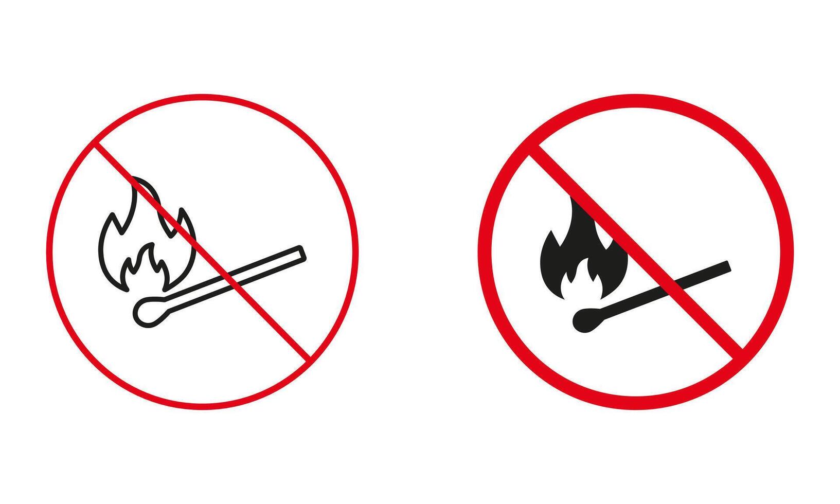 No Dangerous Match Stick, Prohibit Open Fire Burning Line and Silhouette Icons. Camp Fire Not Allowed, Matchstick Warning Sign Set. Campfire Forbidden Symbol. Isolated Illustration vector