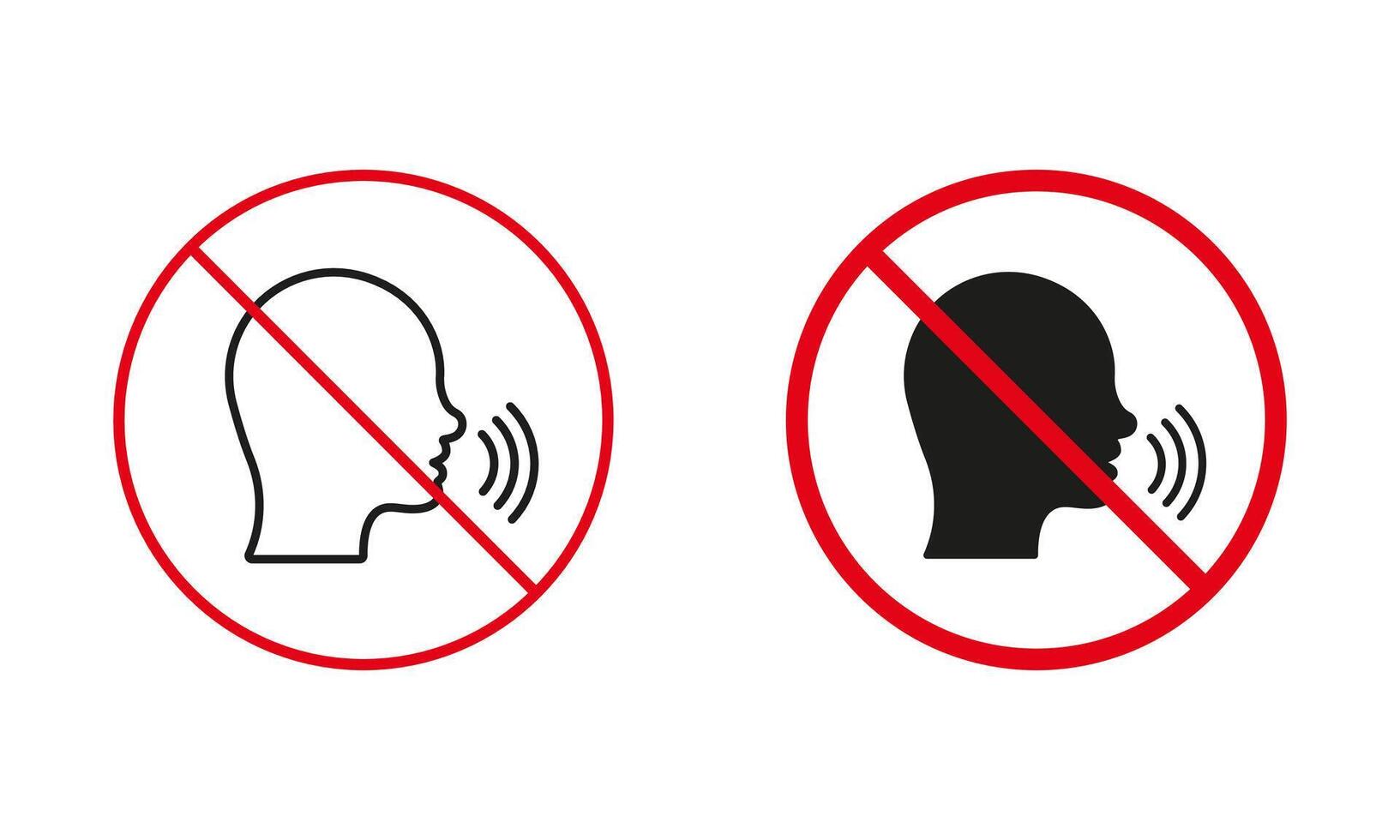 Please Keep the Silence. No Talking Allowed Warning Sign Set. Speaking Is Prohibited Line And Silhouette Icons. Not Loud Sound and Noise Red Circle Symbol. Isolated Illustration vector