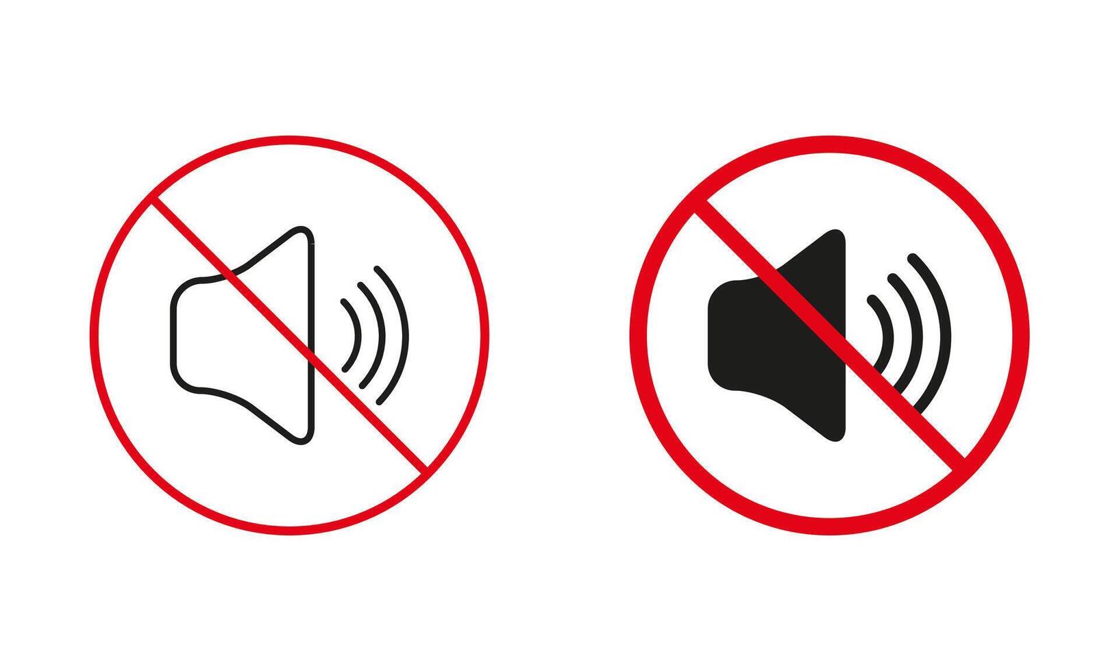 Sound Off, Please Keep Silence. Mute Mode Zone, Not Loud Sound Allowed Warning Sign Set. Notification Prohibit Line And Silhouette Icons. No Noise Red Circle Symbol. Isolated Illustration vector