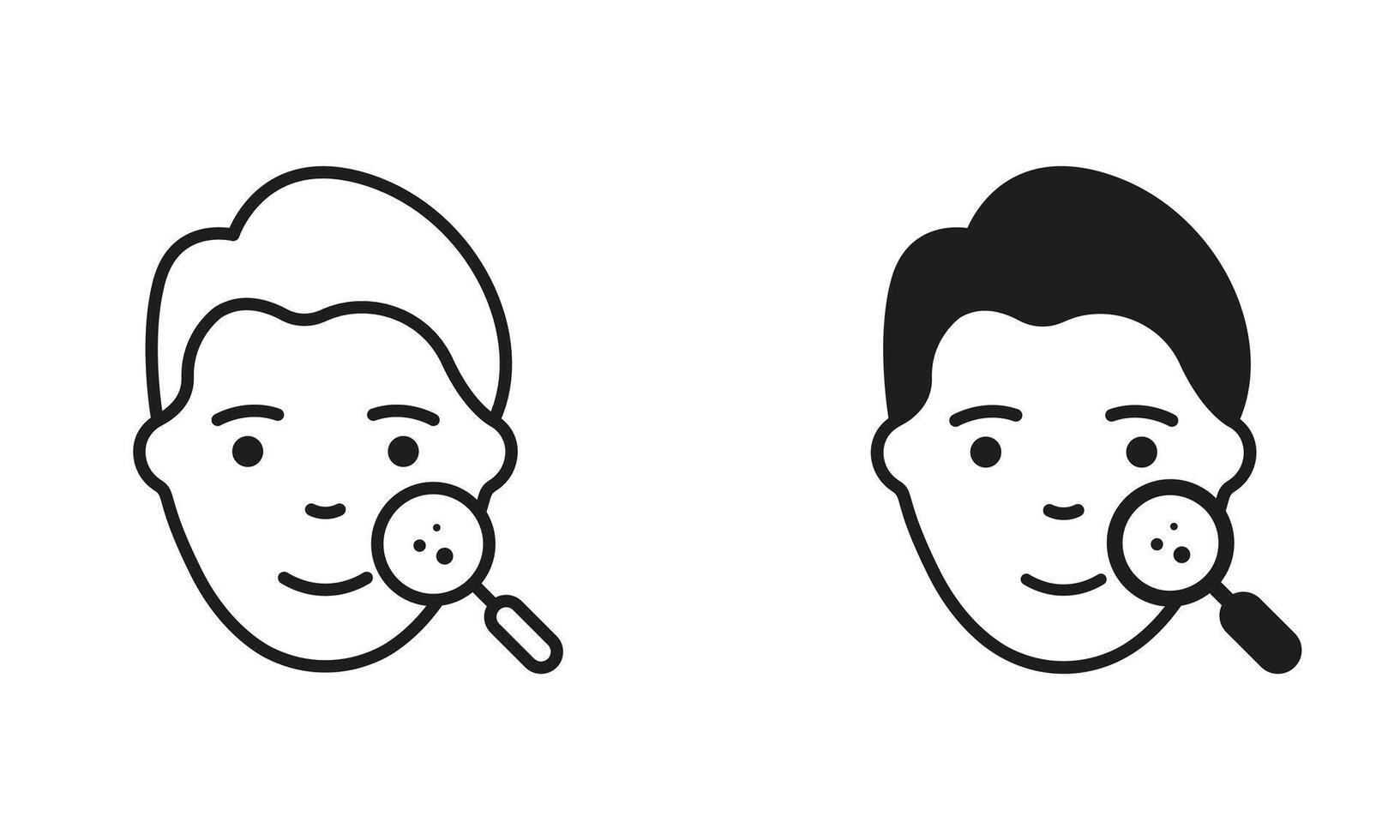 Dermatology Examination of Man Skin Line and Silhouette Icon Set. Facial Skin Care Symbol Collection. Checkup of Boy Skin Face with Magnifier Pictogram. Skincare Sign. Isolated Illustration. vector
