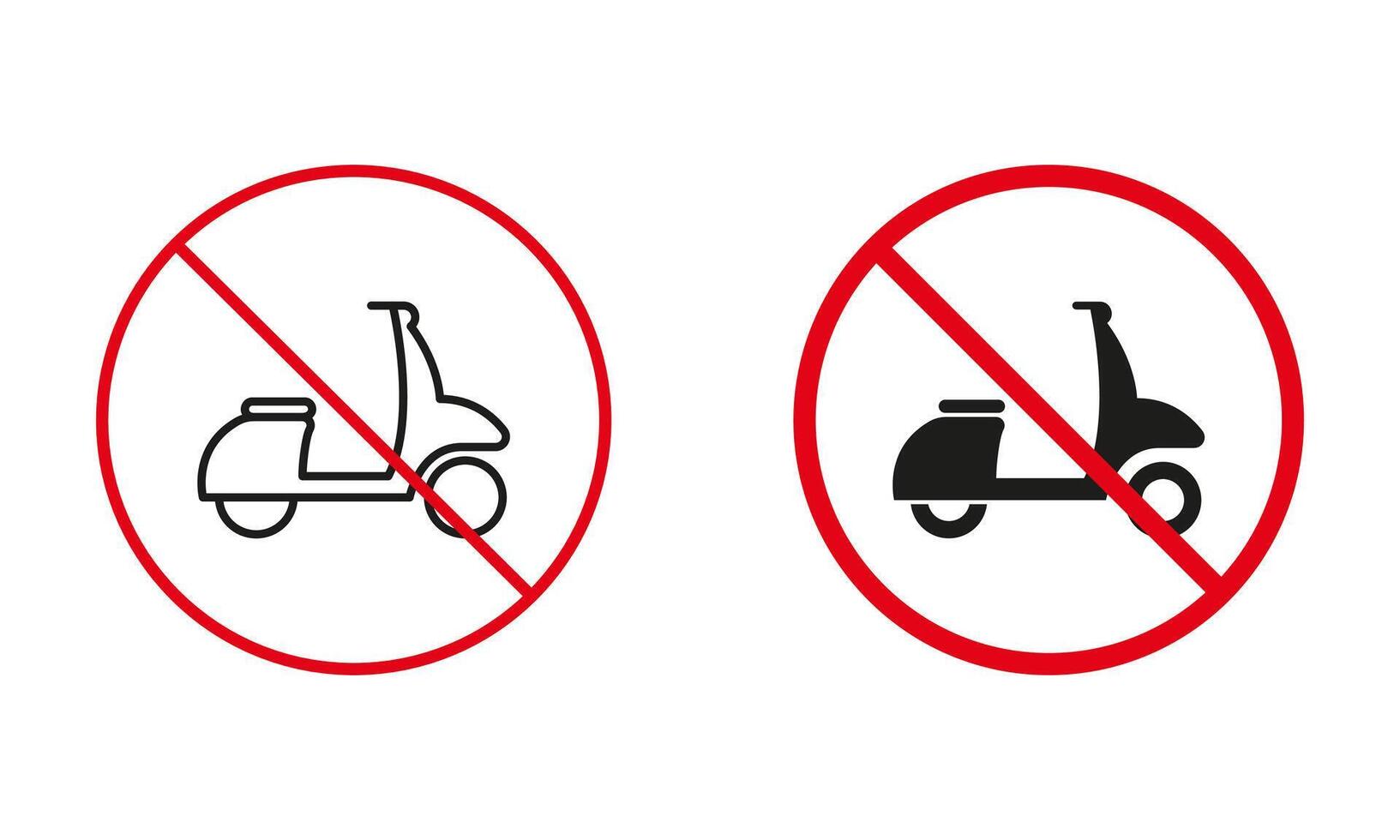 Prohibited Moped Road Prohibit Sign. No Delivery Zone Symbol Set. Not Allowed Fast Motorcycle, Scooter, Motor Bike Line and Silhouette Icons. Isolated Illustration vector