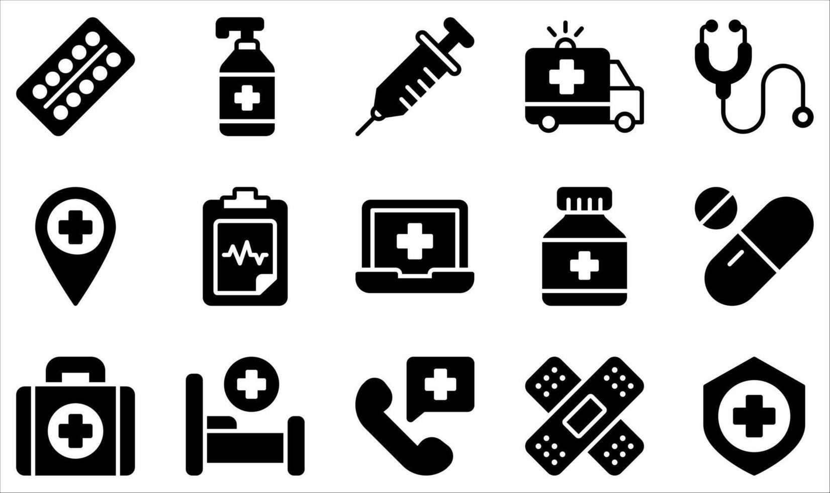 Collection of Icons Related to Health. Contains Icons like Pills, Injection, Ambulance, Bad hospital, Report, Medicine and more. vector