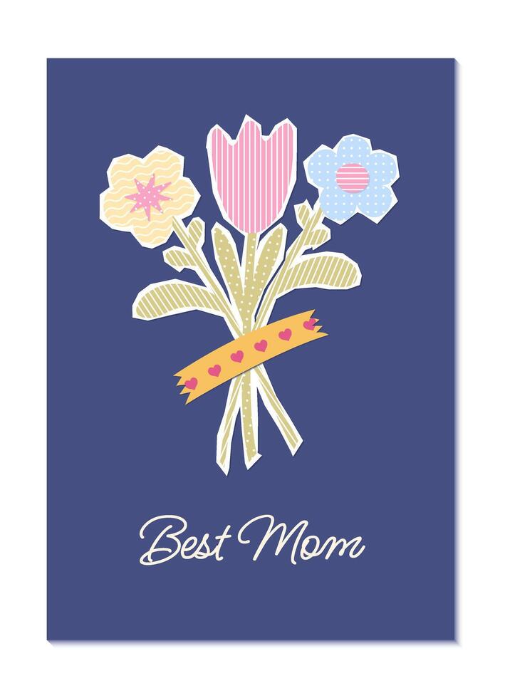 contento de la madre día saludo tarjeta en infantil apliques estilo con papel flores vector