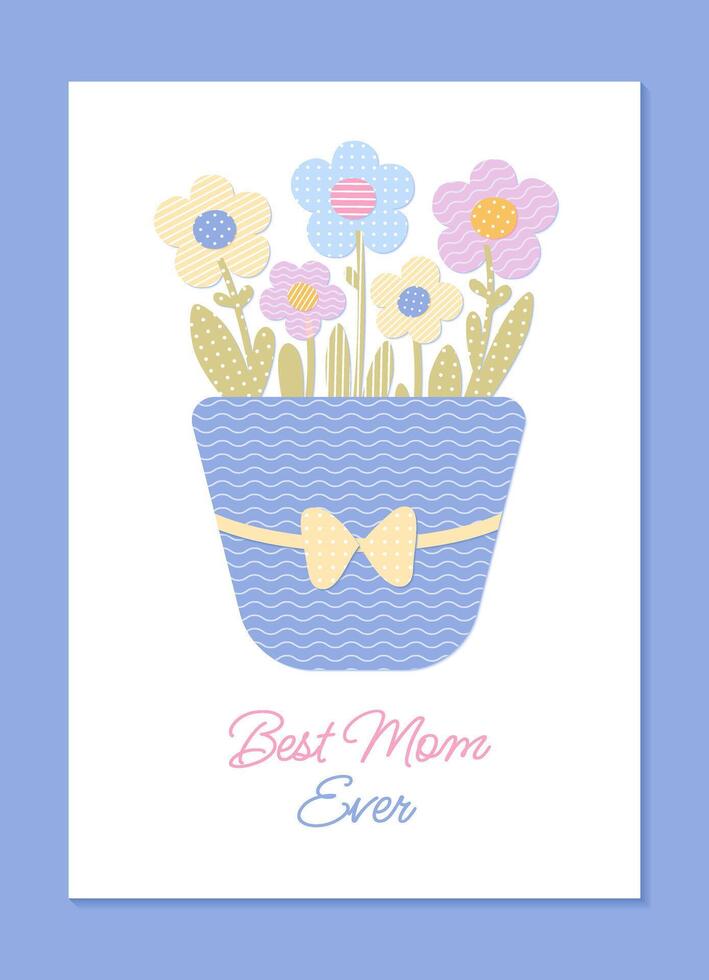 contento madres día saludo tarjeta en infantil apliques estilo con papel flores en maceta. vector