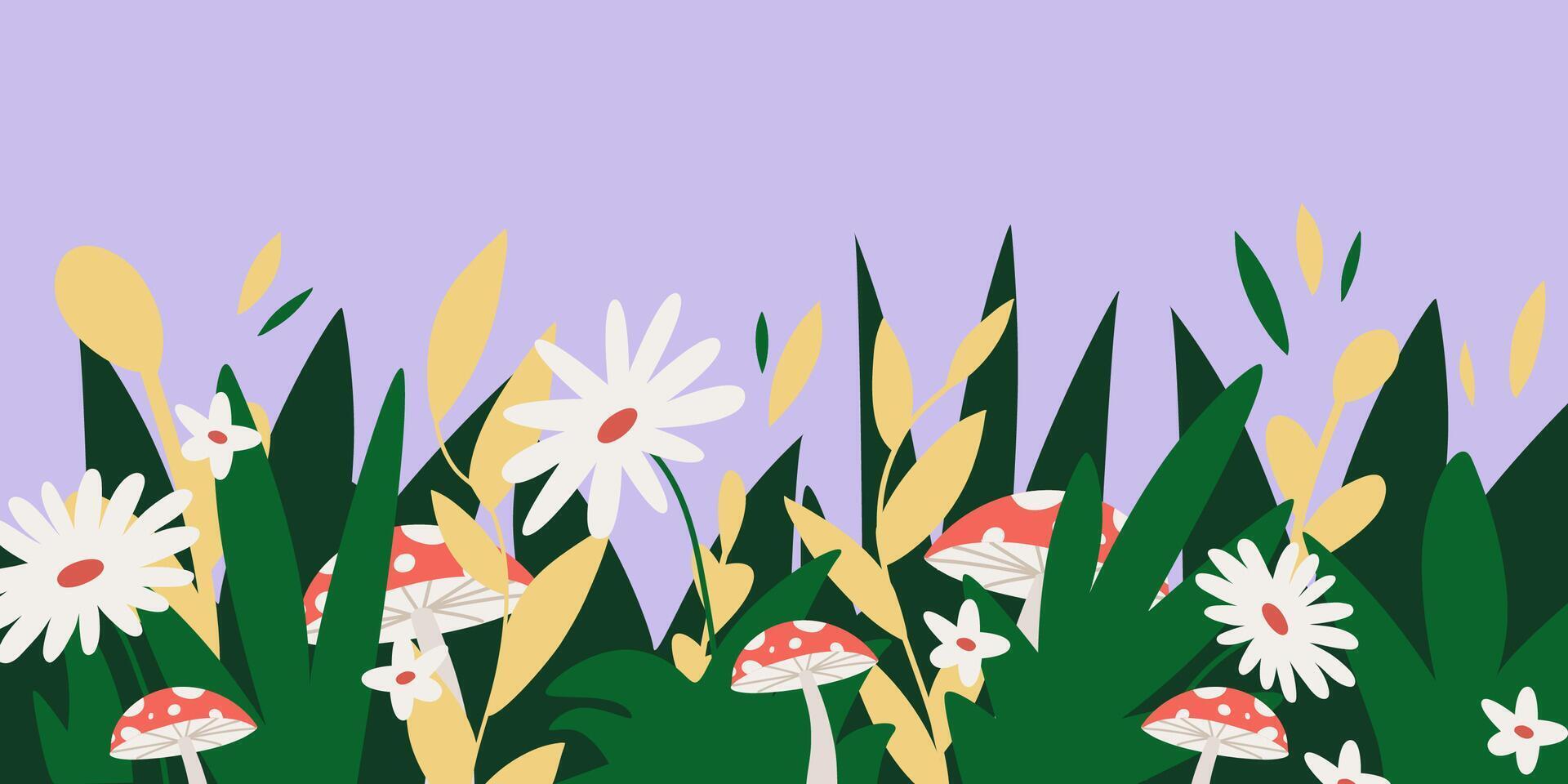 Botanical background and border with leaves, flowers and mushrooms. A natural banner with an ornament. vector