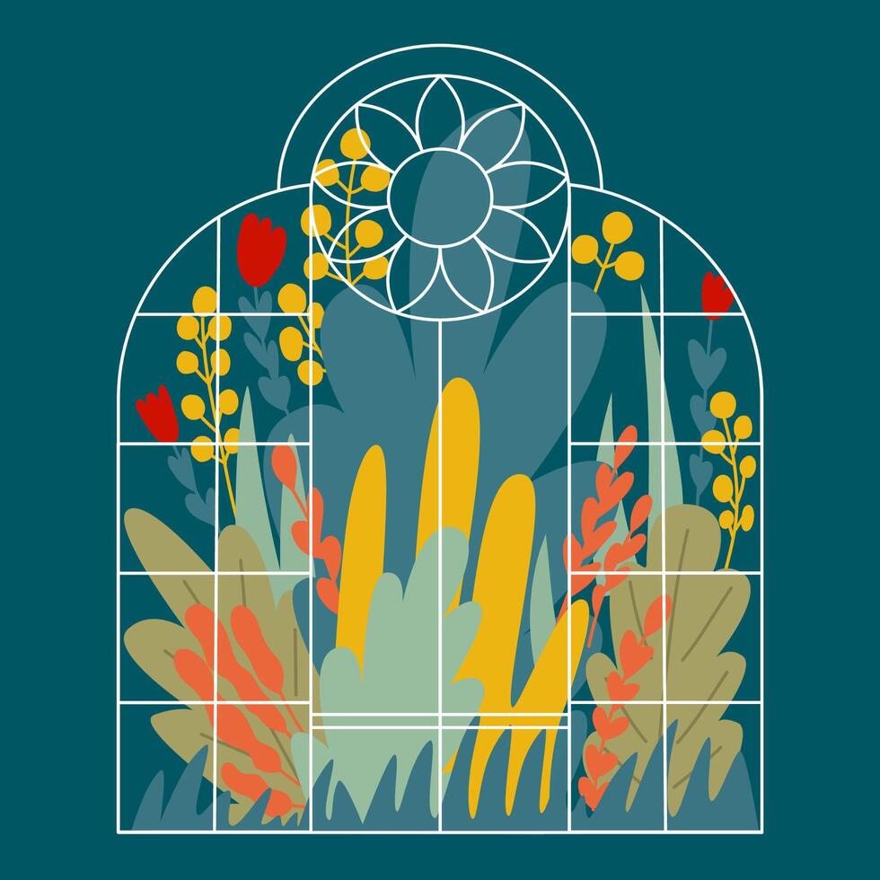 ilustración de un invernadero con flor y hojas. concepto un patio interior y jardinería. vaso pabellón. vector