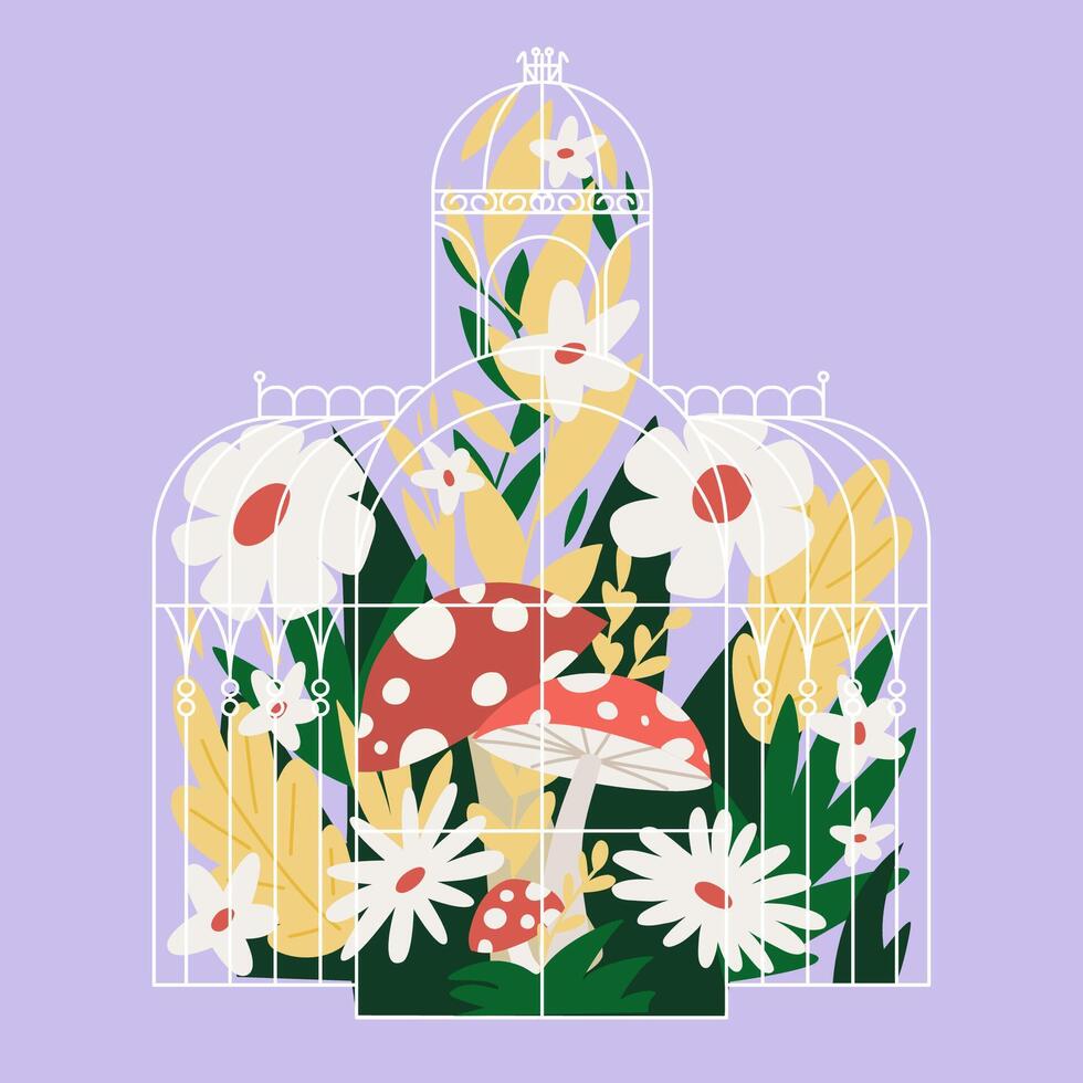 ilustración de un invernadero con flores y hongos. el concepto de un patio interior y jardinería. vector