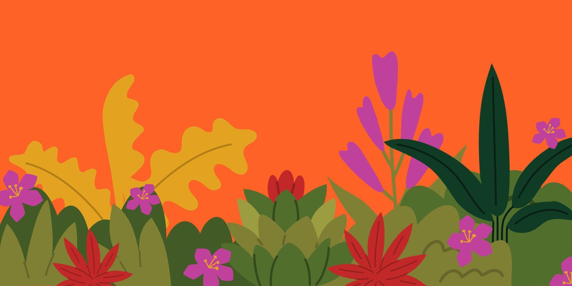 resumen fondo, bandera, póster con tropical hojas. vistoso verano antecedentes con tropical plantas y flores vector