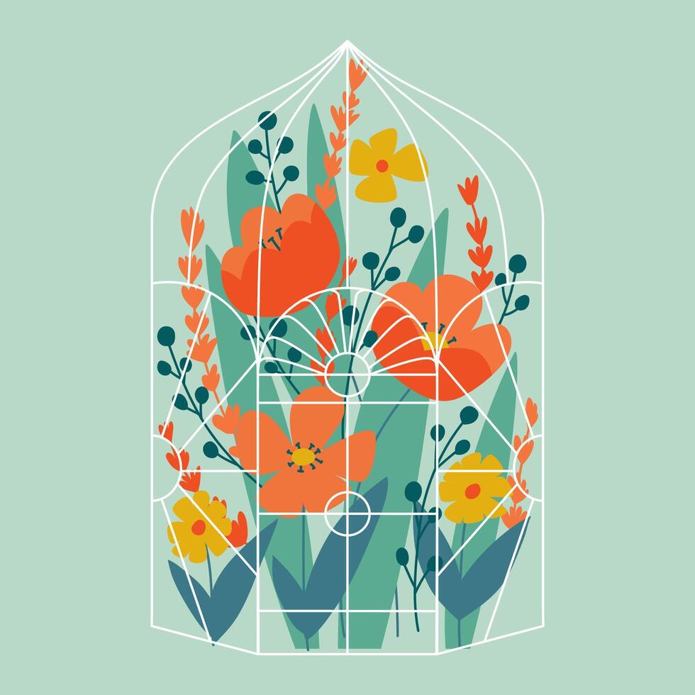 Illustration of a greenhouse with flowers and leaves. The concept of a backyard and gardening. The glass pavilion. vector