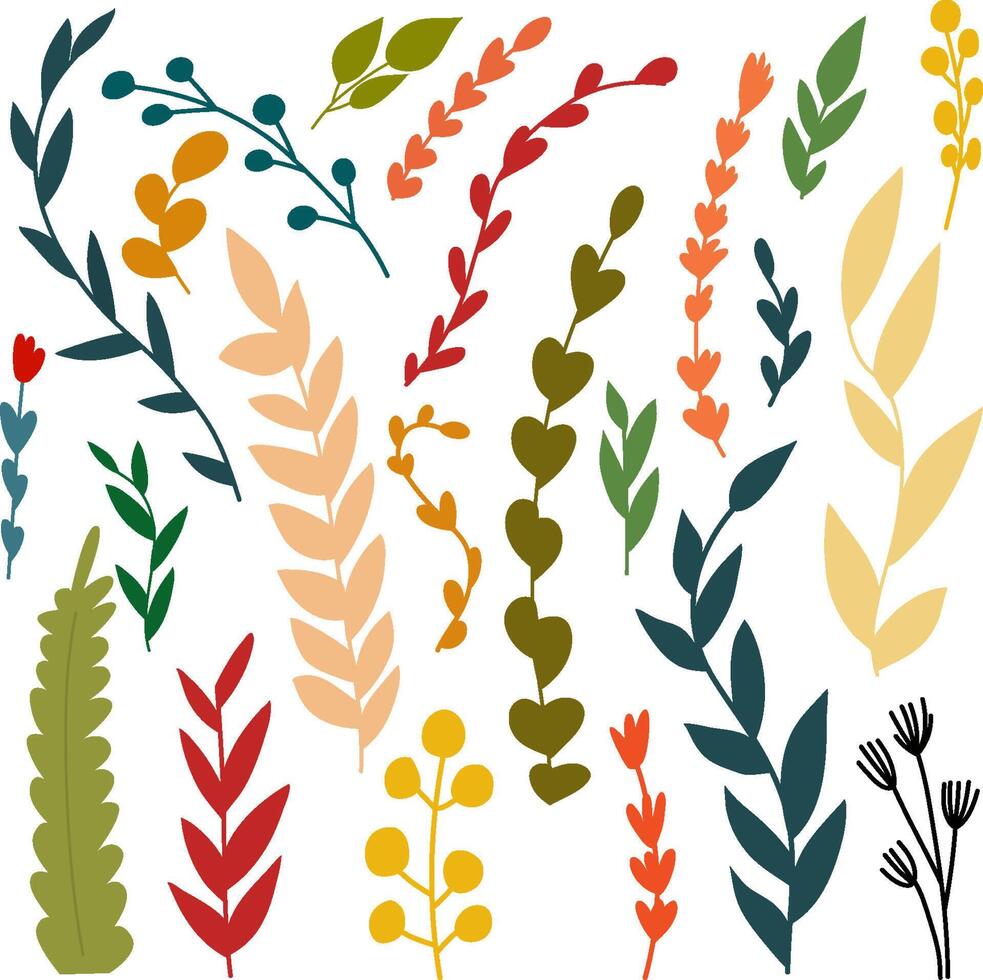A set of foliage and leaves isolated on a white background in cartoon style. vector