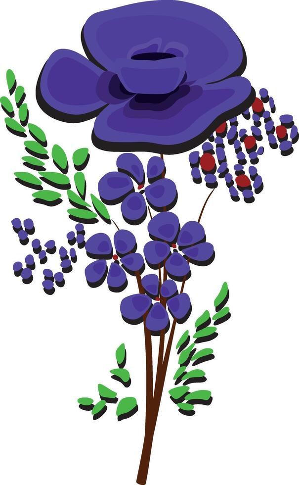 a drawing of a purple flower with green leaves and purple flowers. vector
