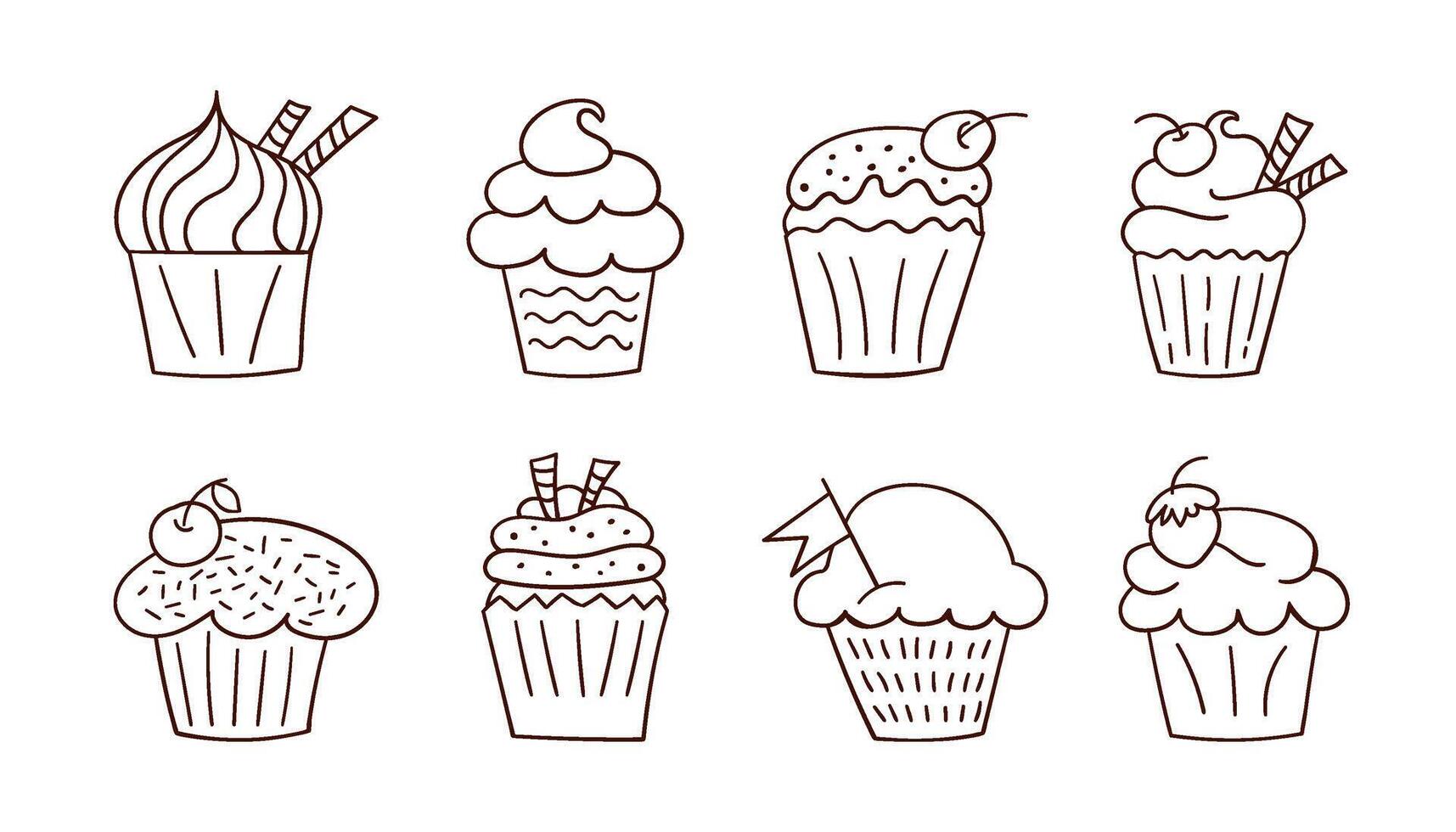 Set of hand-drawn holiday cupcakes with cream and berries, in doodle style vector