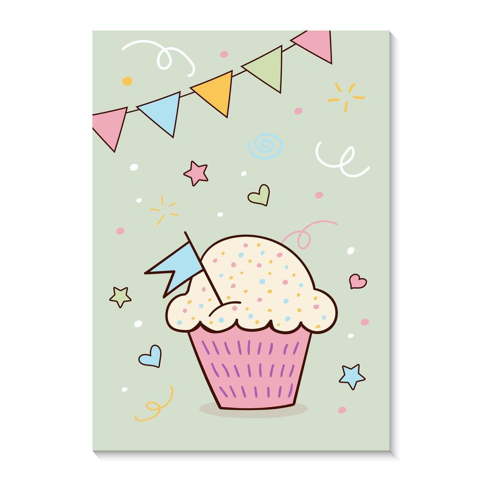 Greeting card with a bright and delicious cupcake, muffin, and inscription. The illustration is hand-drawn in a doodle style vector