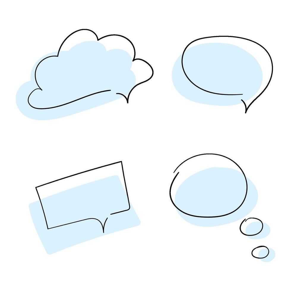 Set of speech bubbles hand-drawn in doodle style with blue background. Isolated objects on a white background. illustration vector