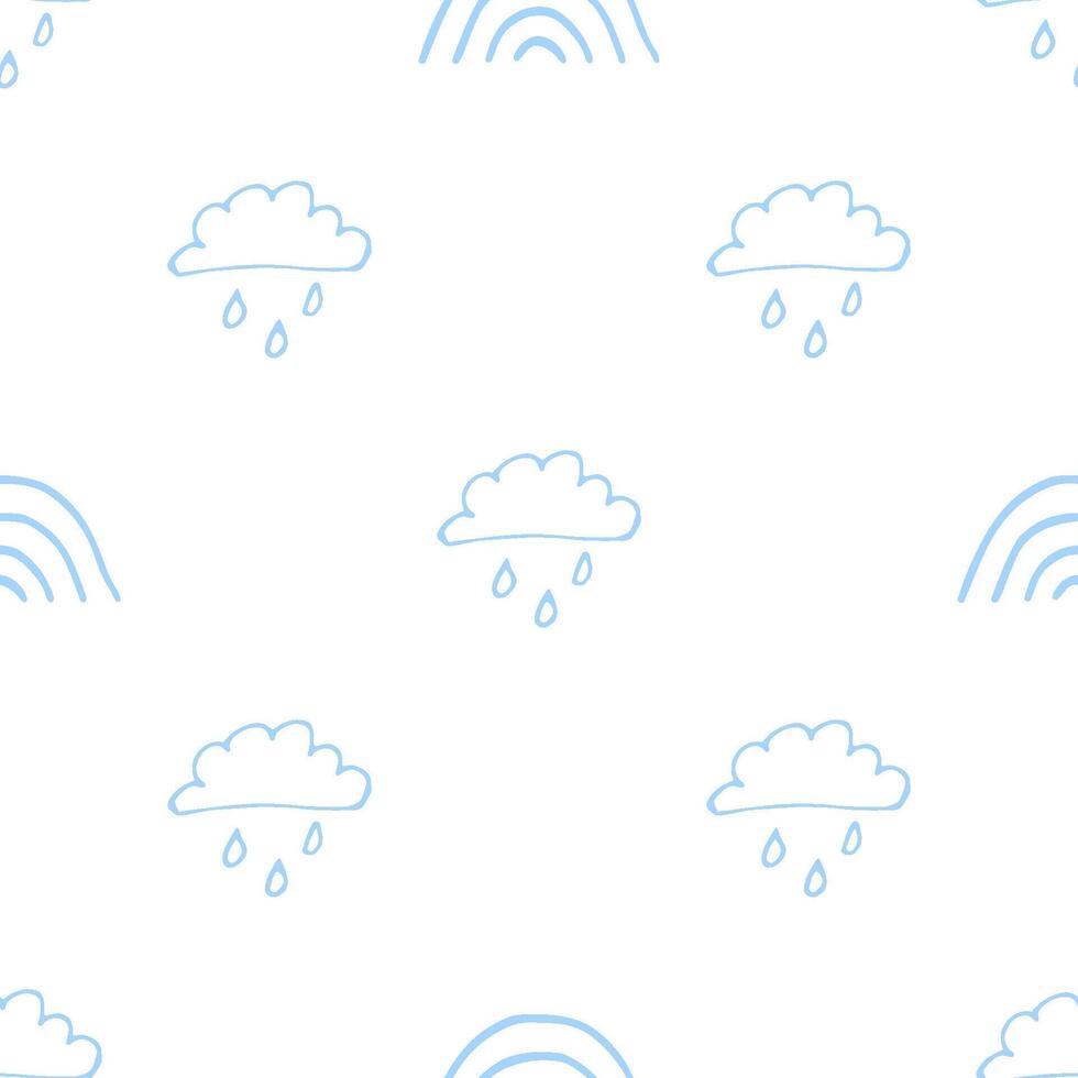 A cloud with rain and a rainbow. A cute, minimalist set of wall art for the children's room. Seamless pattern collection. Children's design by Doodle. vector