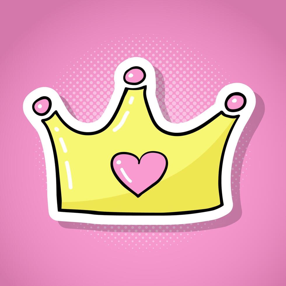 A crown for a princess. Hand-drawn sticker on retro pop art background. Doodle illustration vector