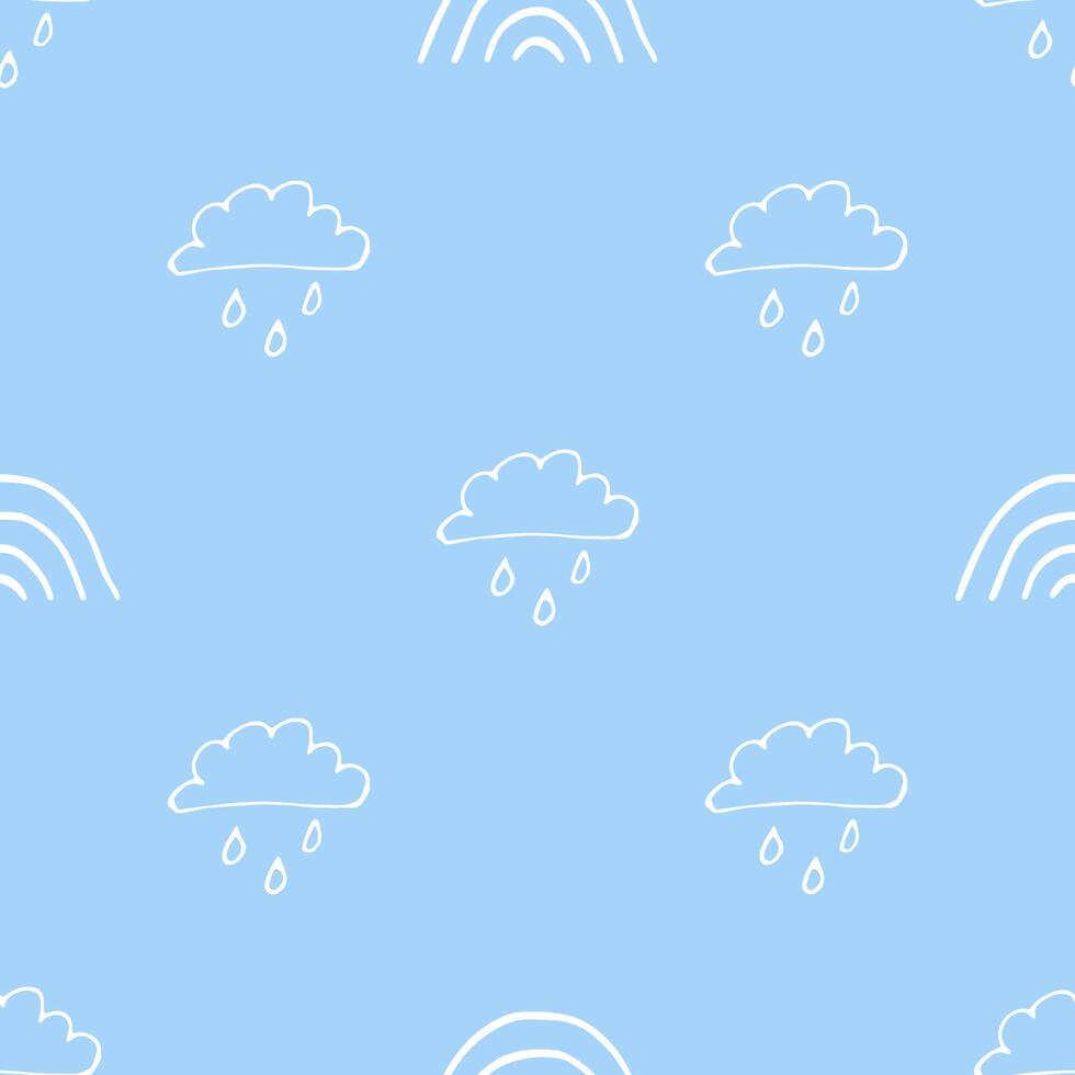 A cloud with rain and a rainbow. A cute, minimalist set of wall art for the children's room. Seamless pattern collection. Children's design by Doodle. vector