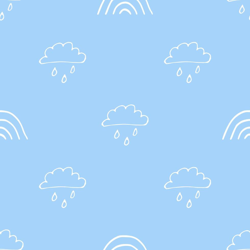 un nube con lluvia y un arcoíris. un lindo, minimalista conjunto de pared Arte para el para niños habitación. sin costura modelo recopilación. para niños diseño por garabatear. vector