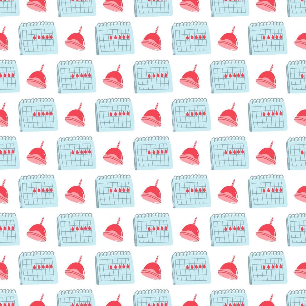 Seamless pattern with menstrual cup and calendar. Cute hand drawn wallpaper with female period concept, menstruation vector