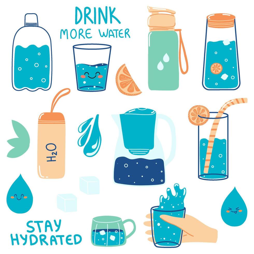 conjunto de mano dibujado vaso, botella con agua. concepto de Bebiendo más agua, hidratación. linda dibujos animados elementos vector