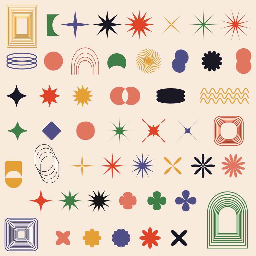 Swiss bauhaus y2k brutalist elements. Abstract geometric shapes, contemporary flower, star figures. memphis design, primitive element set. vector
