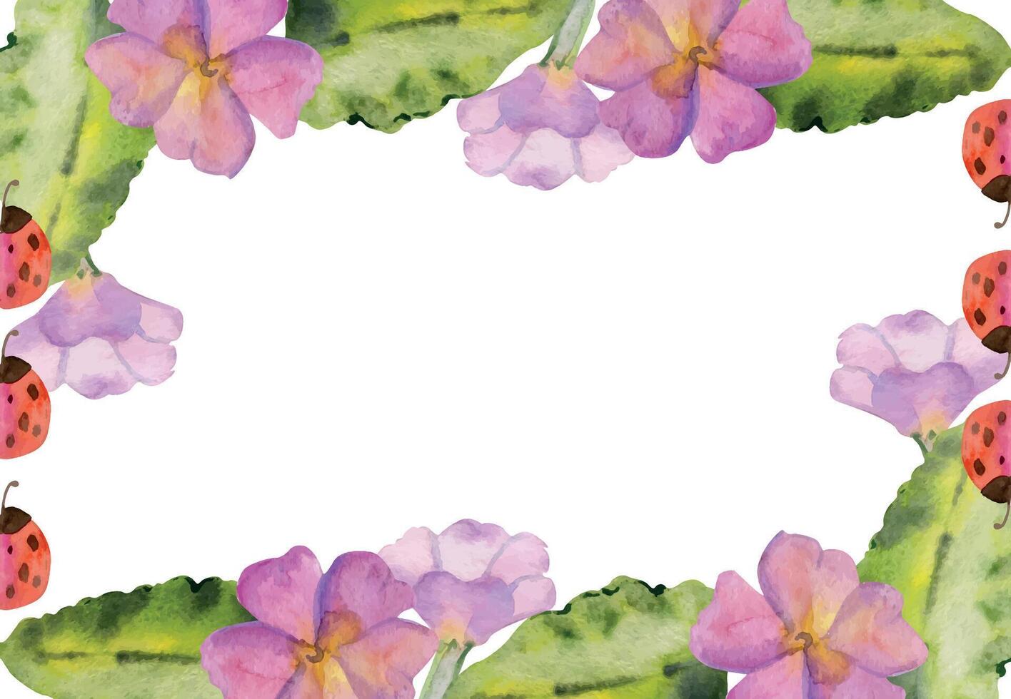 mano dibujado acuarela ilustración primavera jardinería flor cama, hojas brotes naturaleza florecer. horizontal marco aislado en blanco antecedentes. diseño comercio, álbum de recortes, embalaje, decoupage, invitación vector