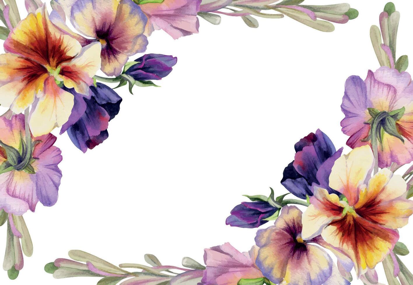Hand drawn watercolor illustration victorian botanical flowers leaves. Pansy viola violet, ash maple keys seeds, green locust branch. Frame isolated on white background. Design wedding, love cards vector