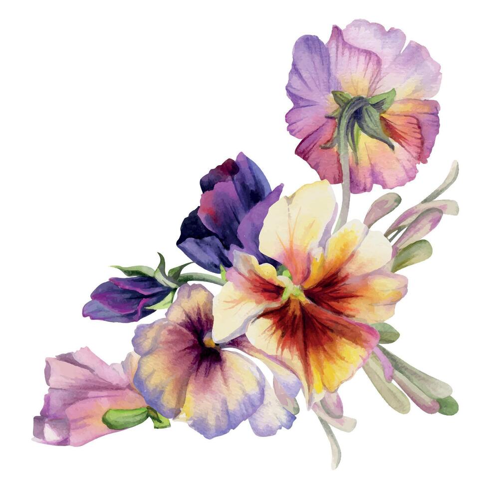 mano dibujado acuarela ilustración victoriano botánico flores hojas. pensamiento viola Violeta, ceniza arce llaves semillas, verde langosta rama. ramo de flores aislado en blanco antecedentes. diseño boda, amor tarjetas vector