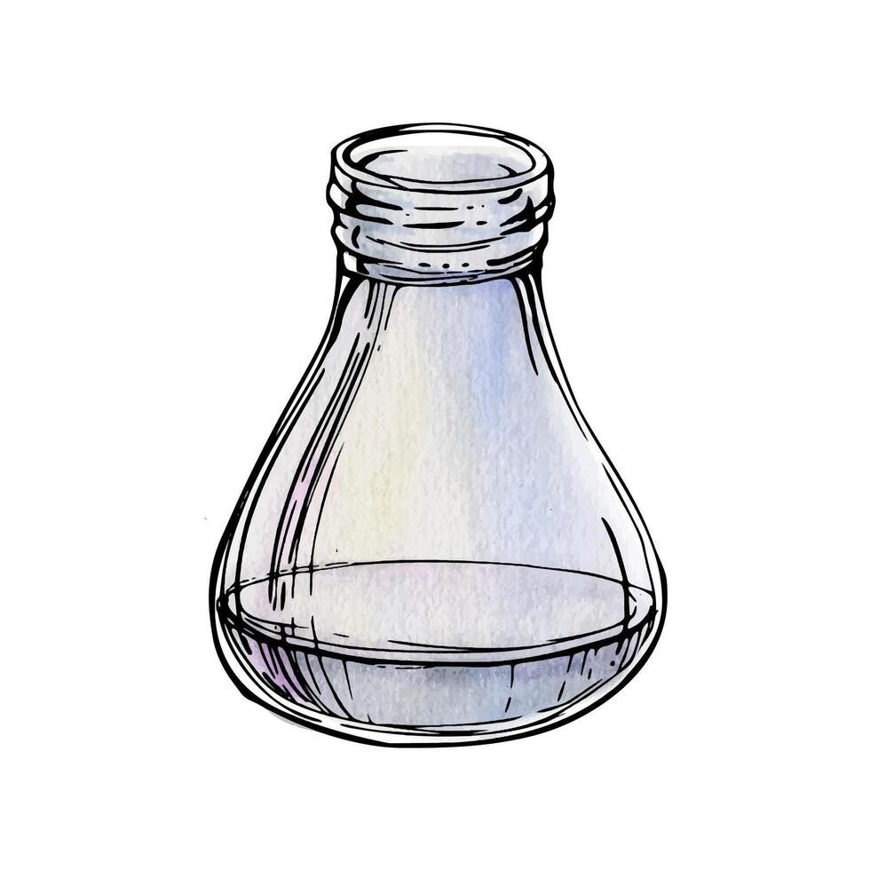 Hand drawn watercolor ink illustration glass vase jar bottle aromatherapy diffusor perfume, filled with water. Single element isolated on white background. Design wedding, cards, spa, shop, commerce vector