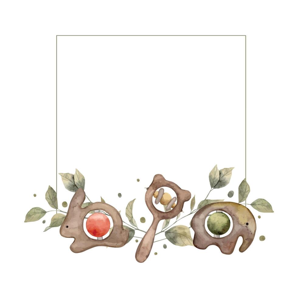 Watercolor square frame with wooden rattles, elephant, hare, bear and green plants. Illustration hand drawn on isolated background for cards, interior, stickers, textiles, design, invitations. vector