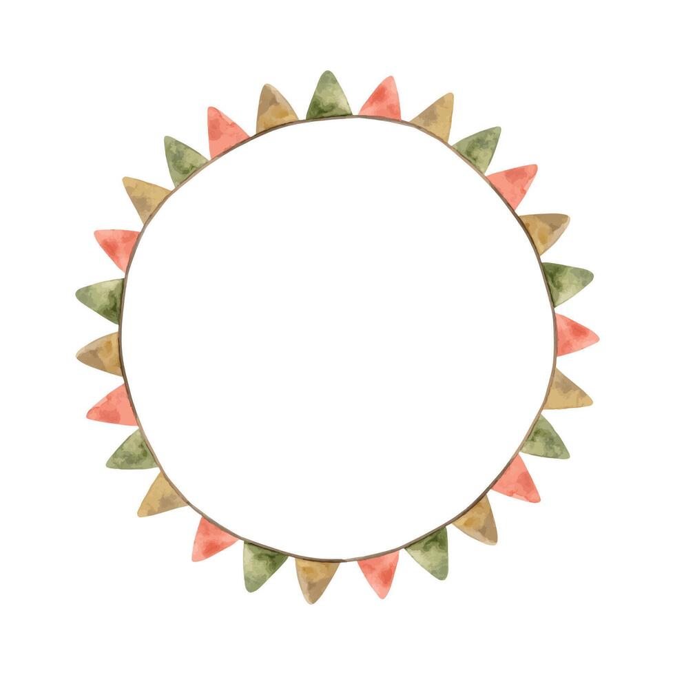 A round wreath of children's flags of different colors, red, green, yellow. Watercolor illustration for cards, stickers, textiles, design, invitations. vector