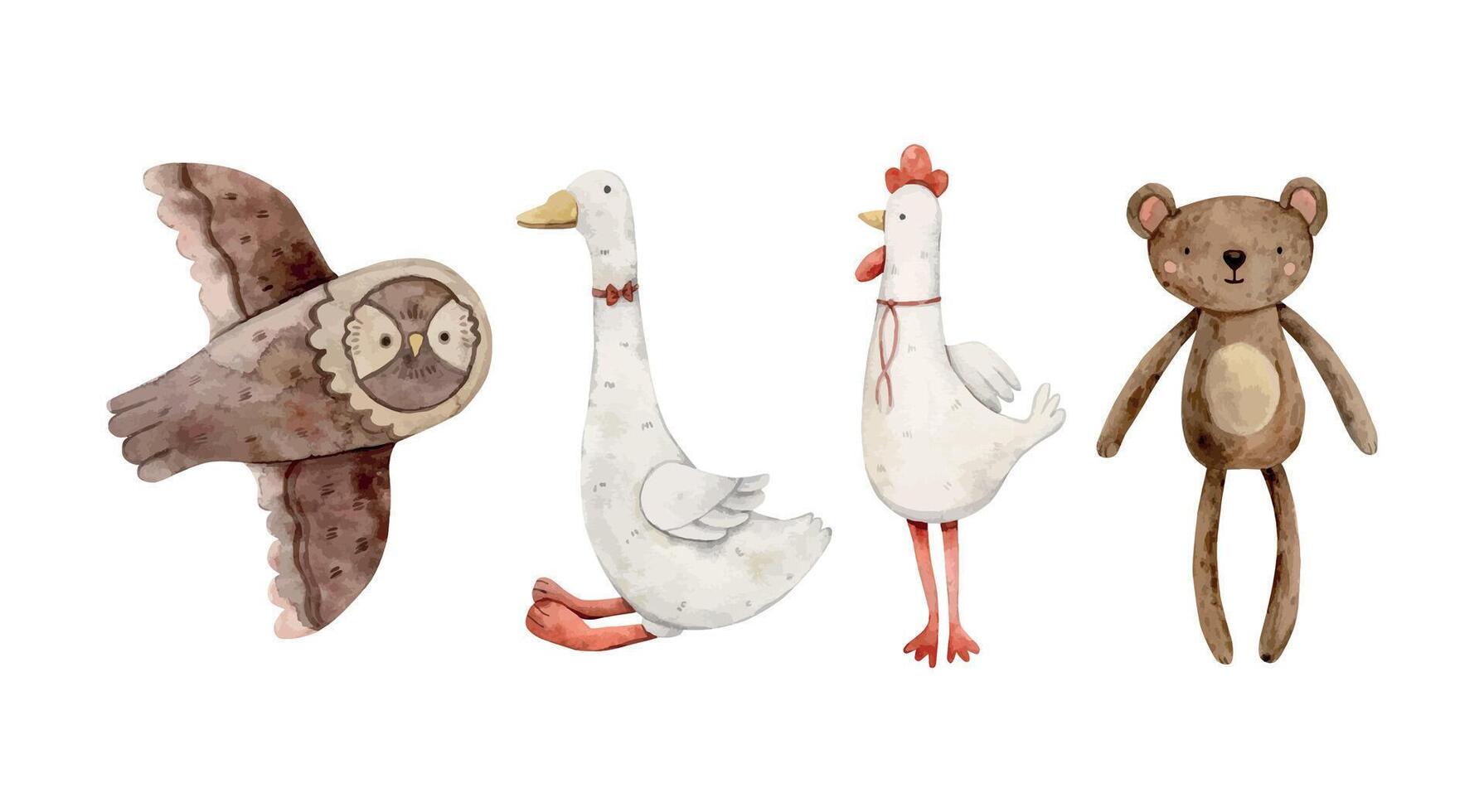 conjunto de ilustraciones de diferente felpa juguetes para bebés animales y aves, búho, gallo, oso, ganso. aislado acuarela ilustración para tarjetas, pegatinas, textiles, diseño, invitaciones, sitio web, logo vector