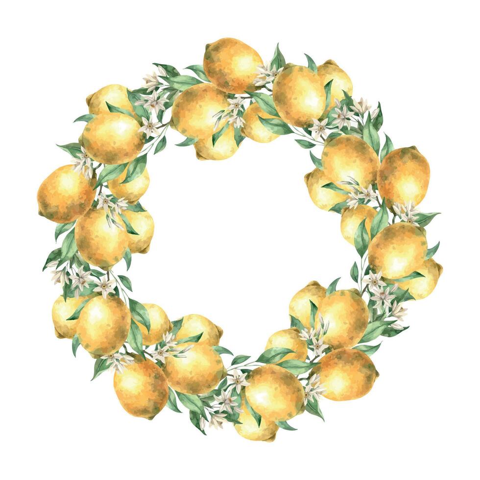 Wreath of yellow lemon fruits with green leaves and branches. Isolated watercolor illustration in realistic style. Handmade composition for design of cards, wedding design, invitations, textiles. vector