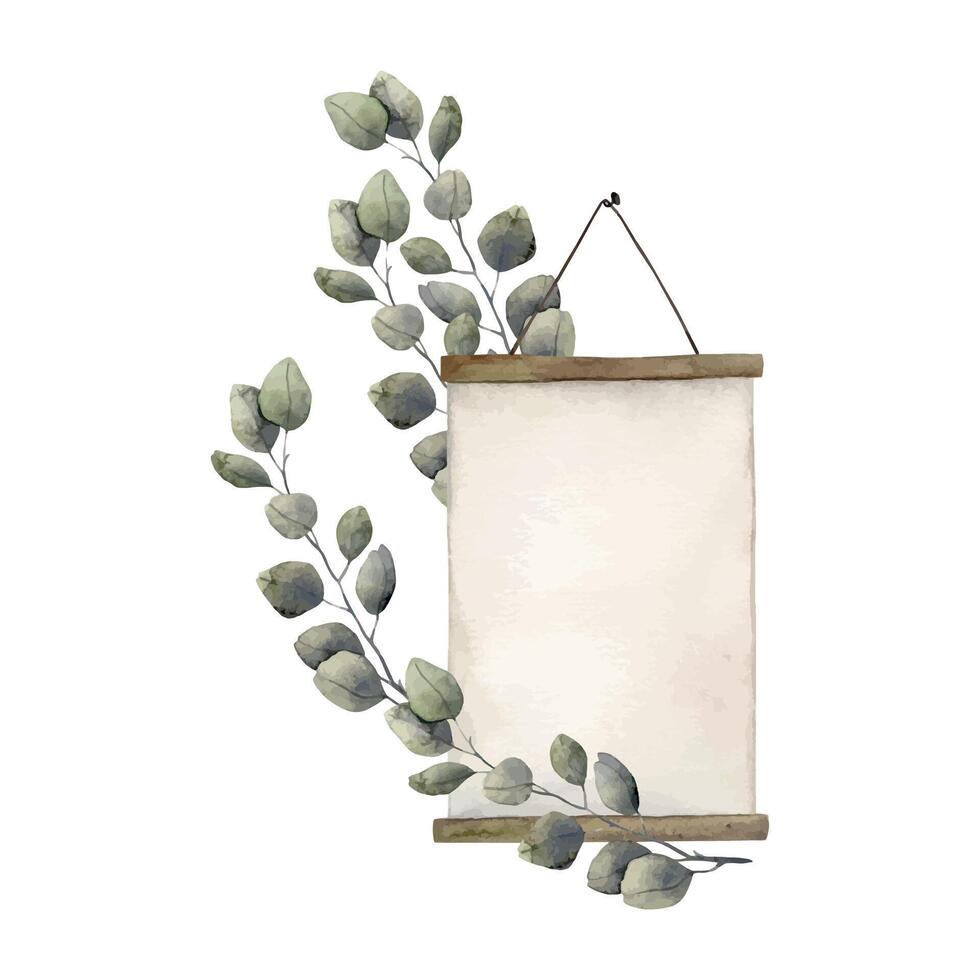 Watercolor composition with a panel for a drawing hanging on the wall, with botanical eucalyptus leaves. Isolated hand drawn illustration for cards, stickers, textiles, design, invitations, logos. vector