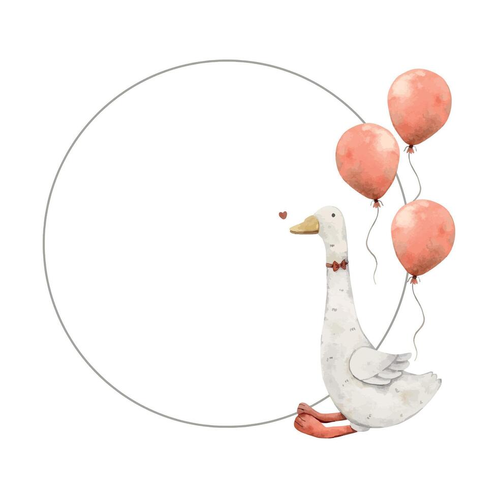 Watercolor round frame with a plush goose and a bow, a red balloon and a heart. Illustration hand drawn on isolated background for cards, interior, stickers, textiles, design, invitations. vector
