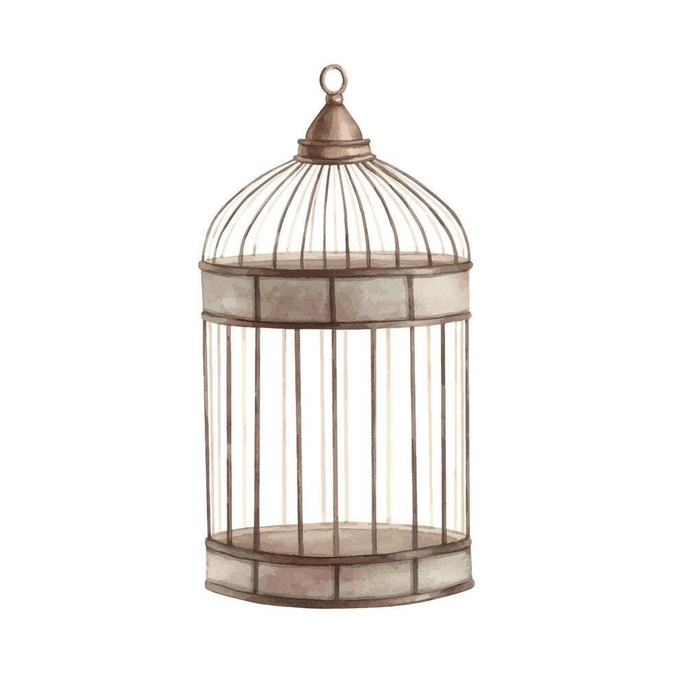 Metal cage made of copper for birds. Slim, sophisticated pet cage. Isolated watercolor illustration in vintage style. The composition is drawn for interior, cards, wedding design, invitations vector