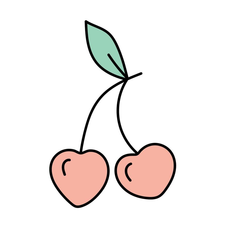 Cherry with hearts in doodle style. vector