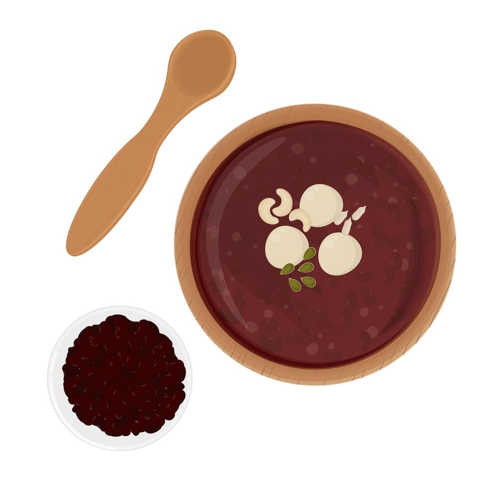 illustration logo Top view korean Red Bean Porridge patjuk on a wooden bowl vector