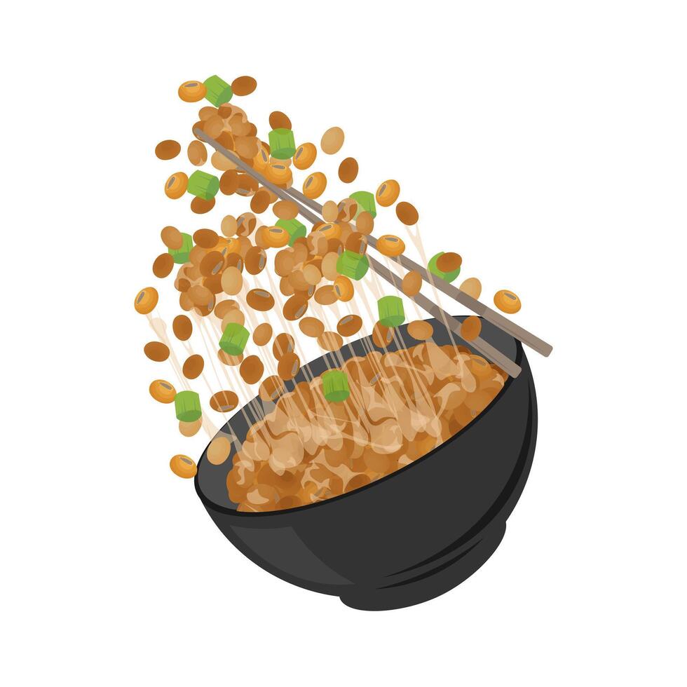 logo ilustración de levitación natto o japonés fermentado haba de soja con palillo vector