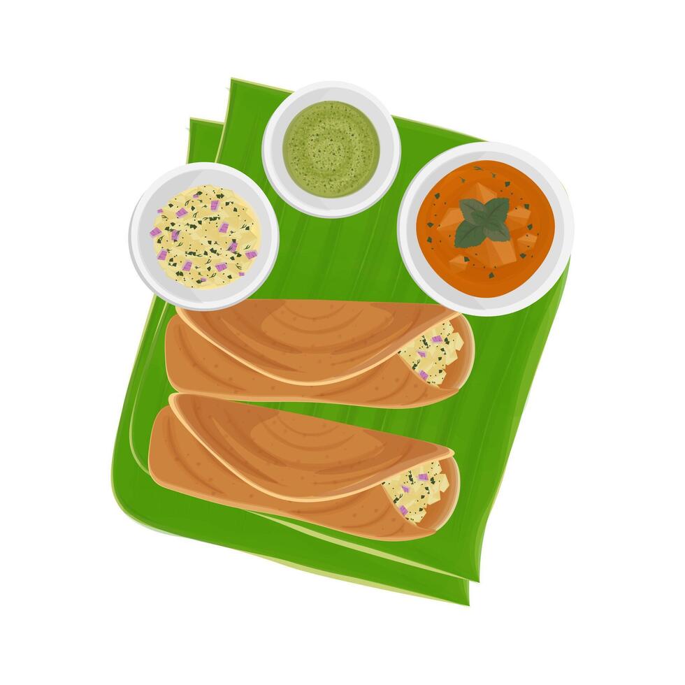 ilustración logo parte superior ver condimento dosa en plátano hoja vector