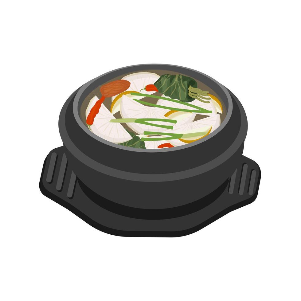 ilustración logo dongchimi coreano rábano agua kimchi en un ttukbaegi vector