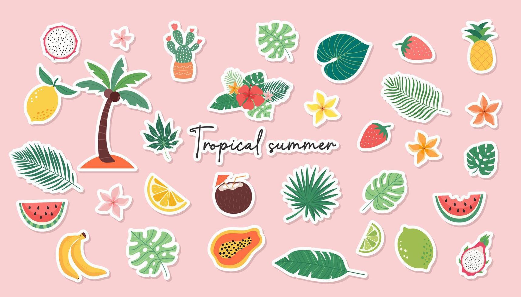 Banner of the summer sale. Creative bright, blue, pink background with tropical leaves, fruits and hibiscus flowers. Summer sale, poster template, background banner on the Internet vector