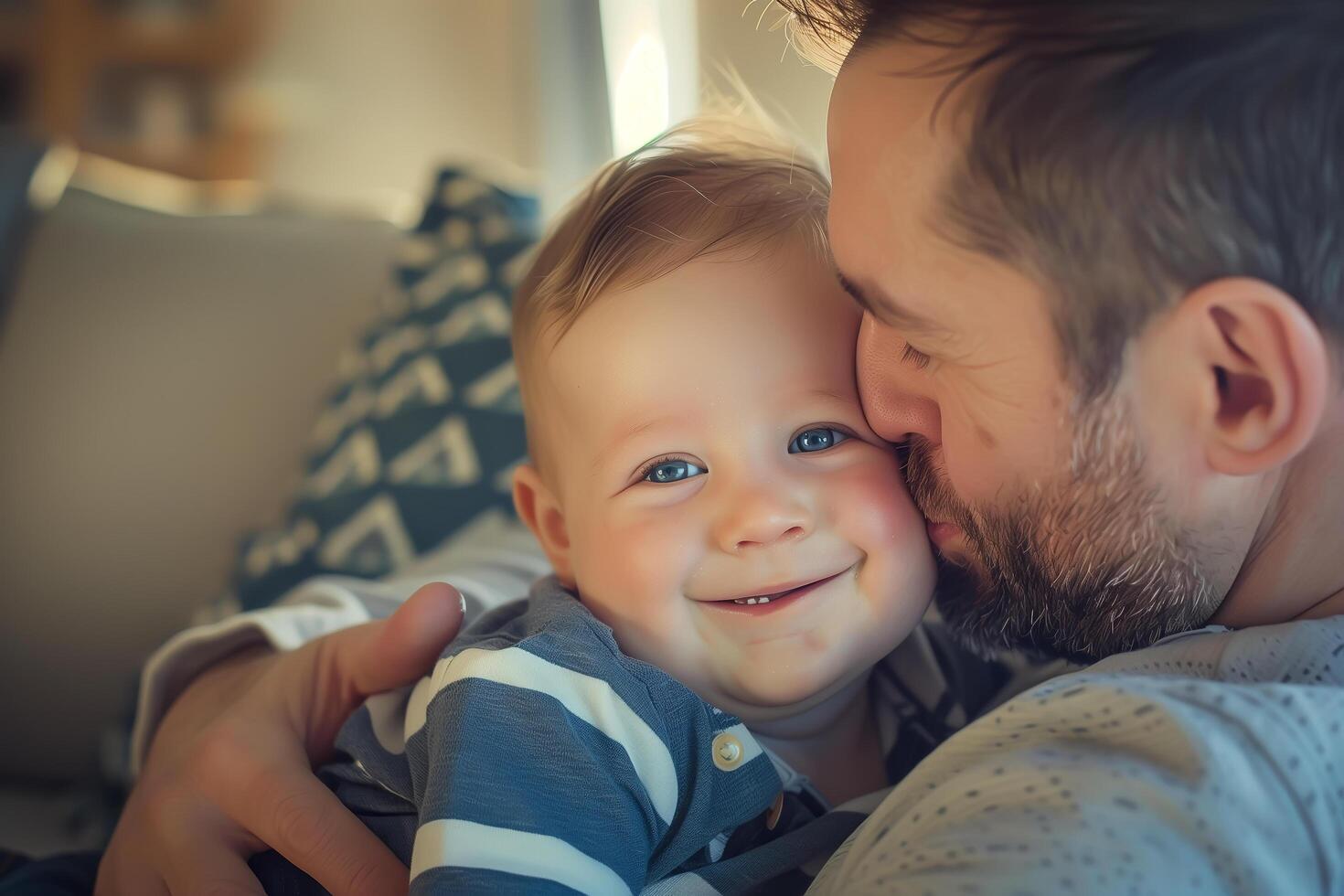 un amoroso papá cunas su adorable bebé en su brazos, ambos sonriente con puro alegría y afecto . foto