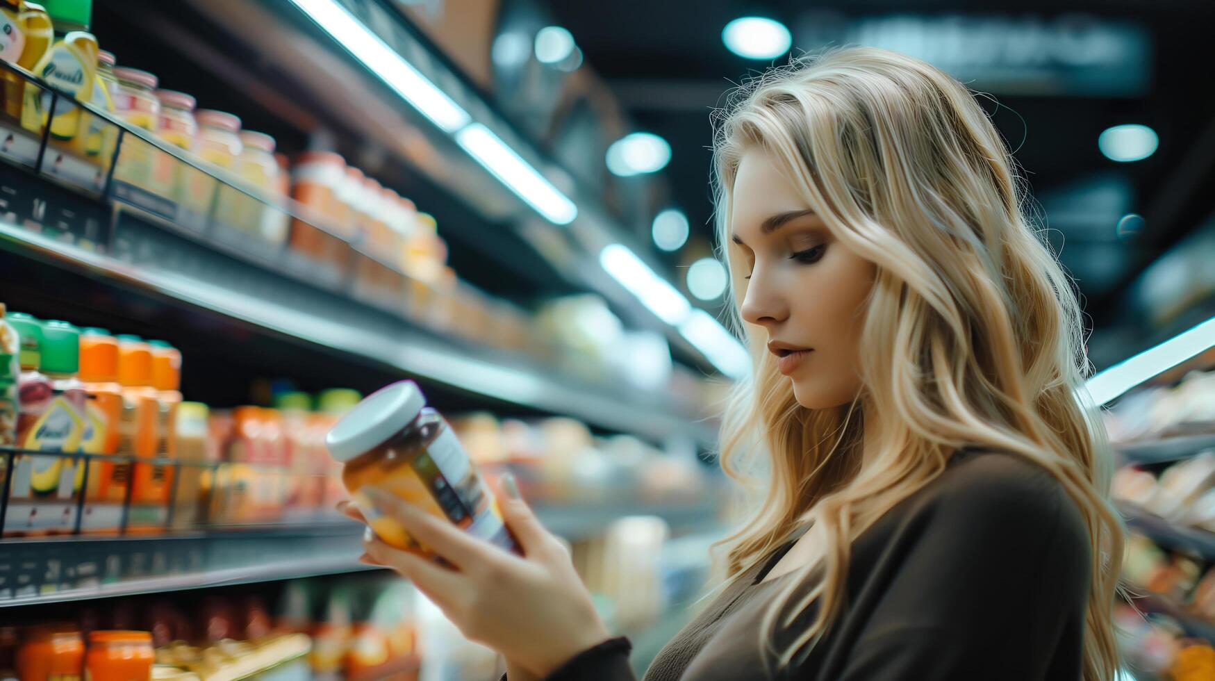 A woman stands in a grocery store aisle, carefully comparing products on the shelves. . photo