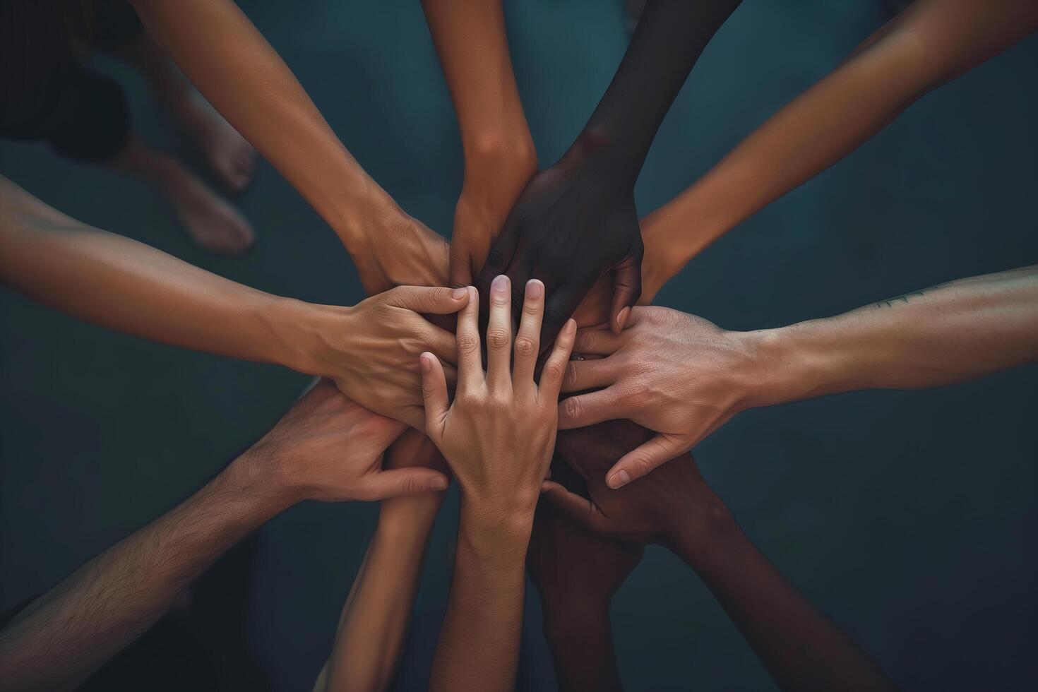 Hands of various races and ethnicities come together against discrimination. photo