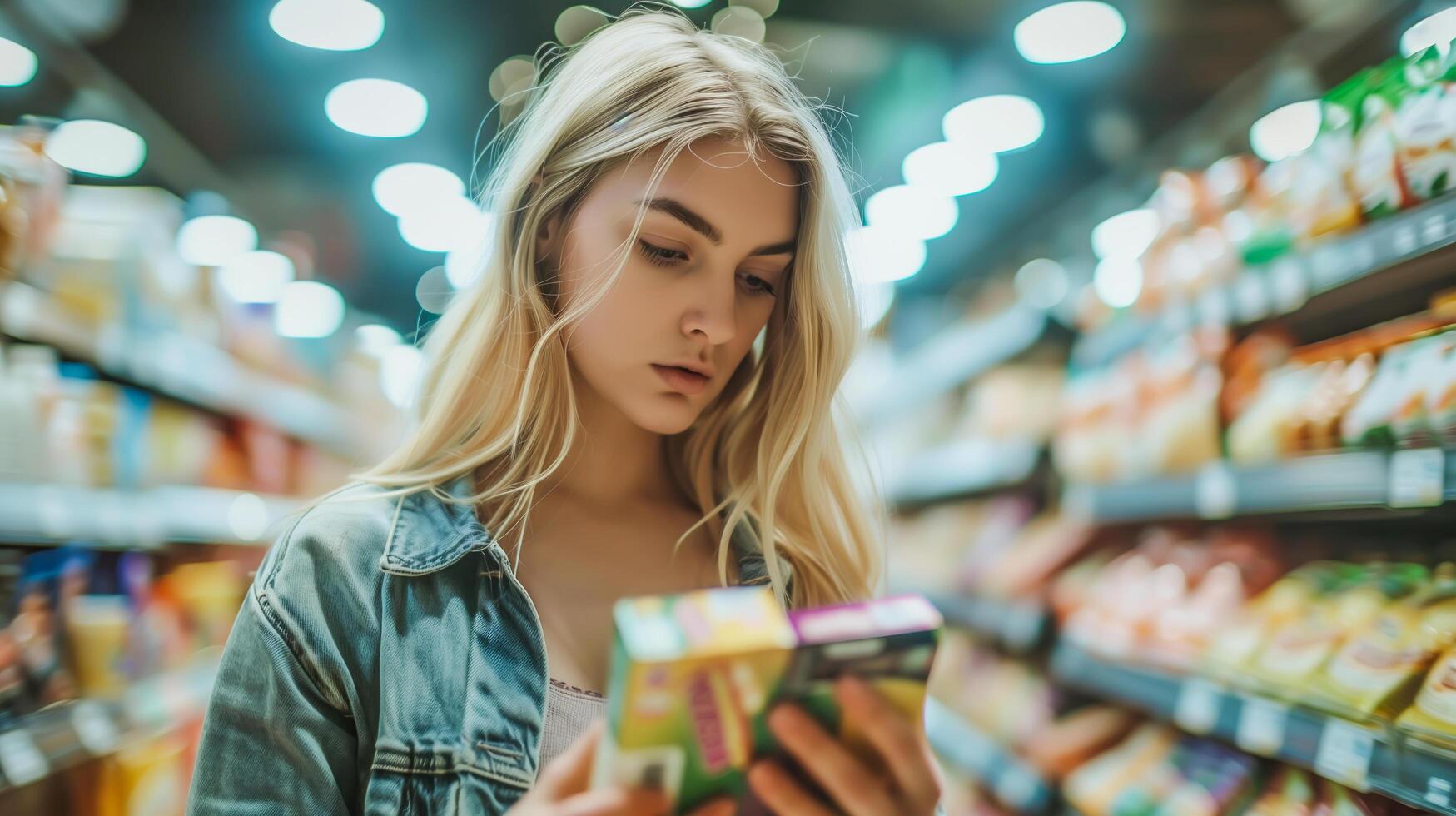 un mujer soportes en un tienda de comestibles Tienda pasillo, cuidadosamente comparando productos en el estantes. . foto